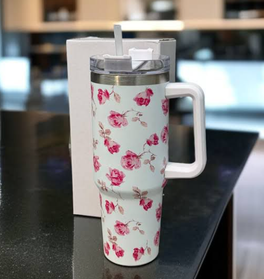 Floral Insulated Travel Tumbler Large – Double-Wall Vacuum Flask with Handle & Leak-Resistant Lid (Random Colour)