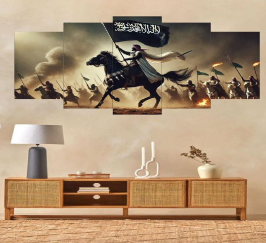 Islamic Warrior Canvas Wall Art – Set of 5 Panels (16×40 Inches) | Wooden Sticky Tile Frames