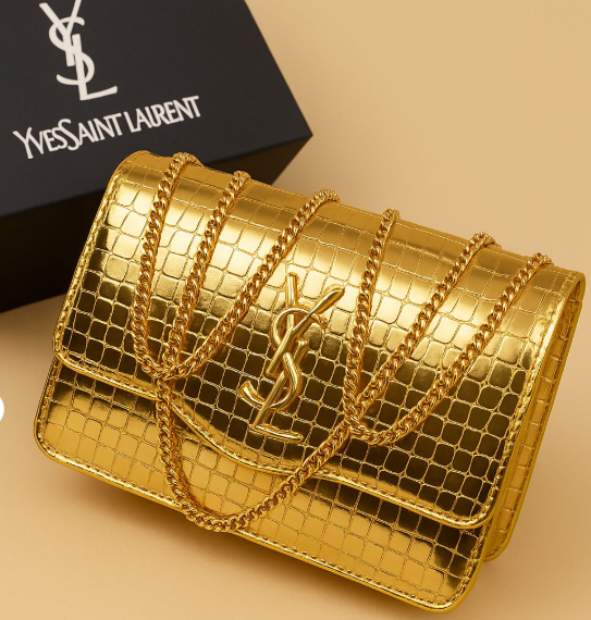 Premium YSL Croc-Embossed Vegan Leather Crossbody Bag with Gold-Tone Chain Strap – Black