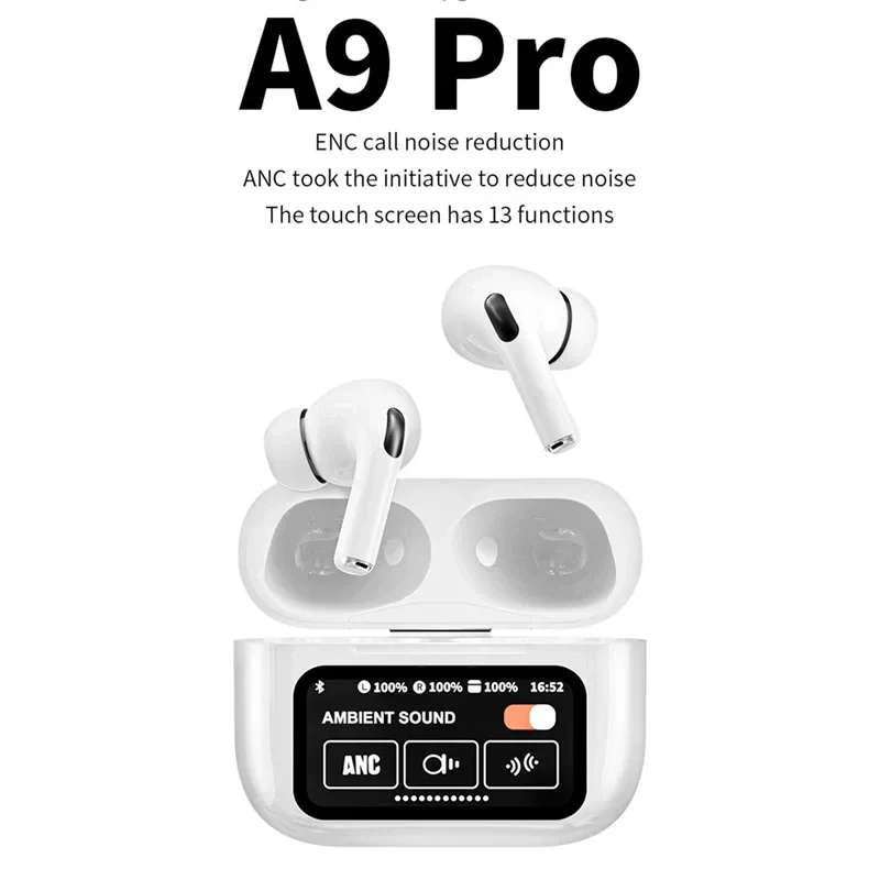 A9 Pro Wireless Earbuds with Touch Screen Display – ANC/ENC Noise Reduction, Bluetooth 5.4, Touch Control (Android & iOS)