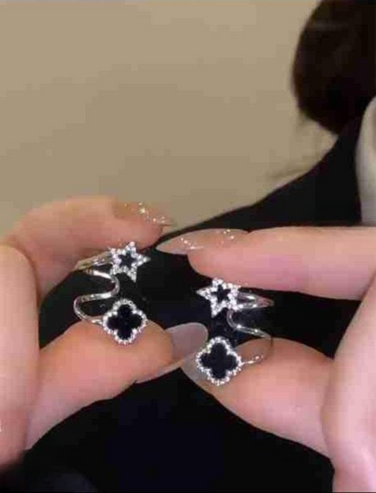Sparkling Clover Star Earrings – Gold Plated Fashion Jewelry with Black Enamel & Crystal Detailing ( PXJ-107) - Golden