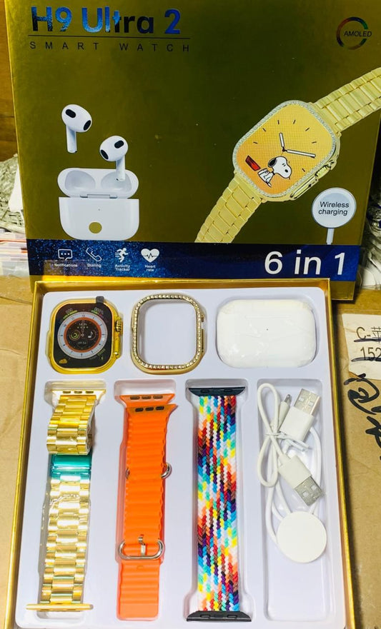 H9 Ultra 2 Smart Watch – Full Display with AirPods 3-Style Bluetooth Earbuds | 6-in-1 Set with Cover & Straps