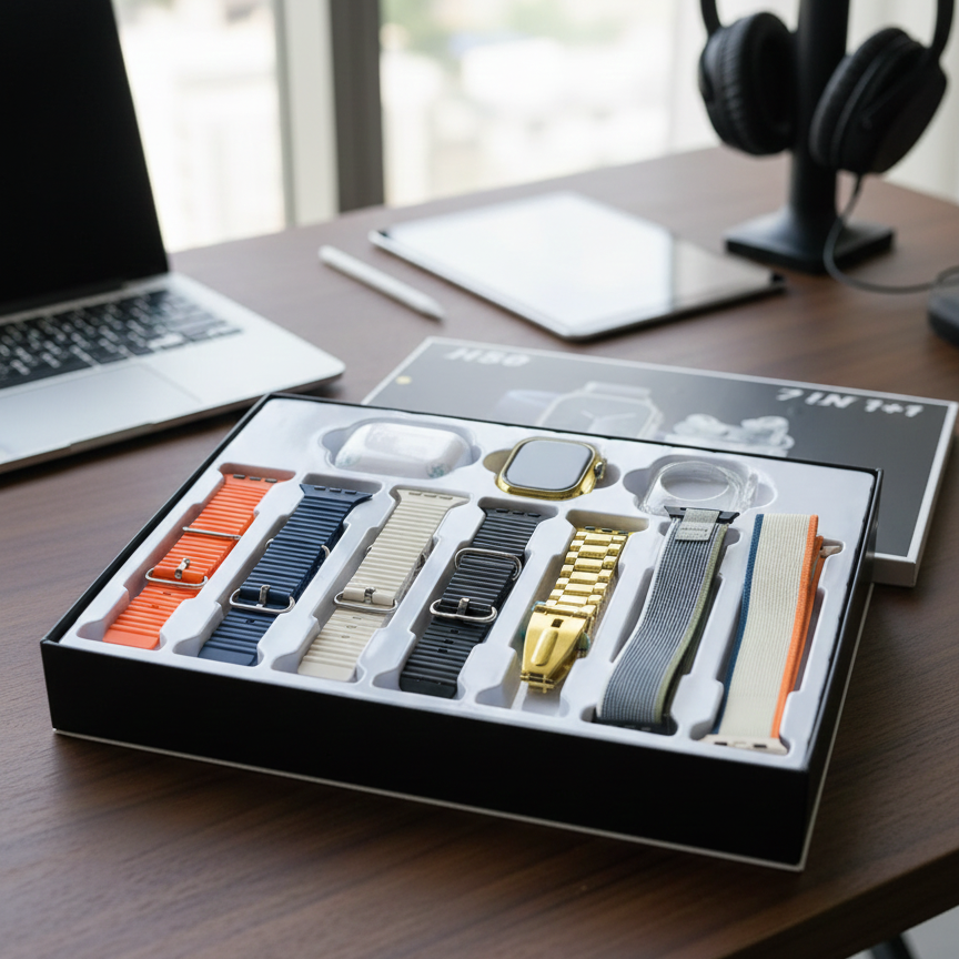 H50 Smart Watch 7-in-1 Set – Golden Design with AirPods-Style Bluetooth Earbuds & Accessories