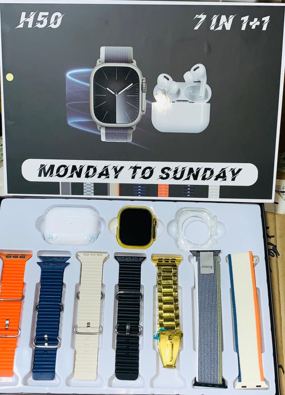 H50 Smart Watch 7-in-1 Set – Golden Design with AirPods-Style Bluetooth Earbuds & Accessories