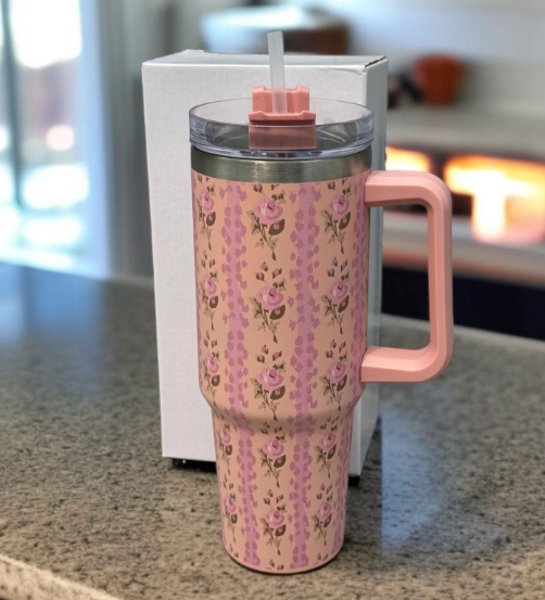Floral Insulated Travel Tumbler Large – Double-Wall Vacuum Flask with Handle & Leak-Resistant Lid (Random Colour)
