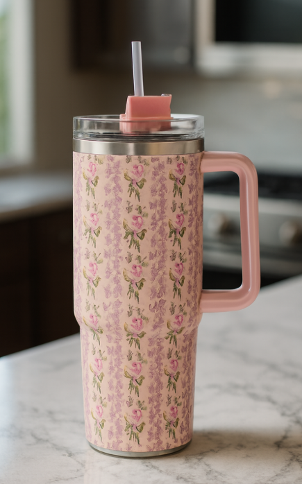 Floral Insulated Travel Tumbler Large – Double-Wall Vacuum Flask with Handle & Leak-Resistant Lid (Random Colour)
