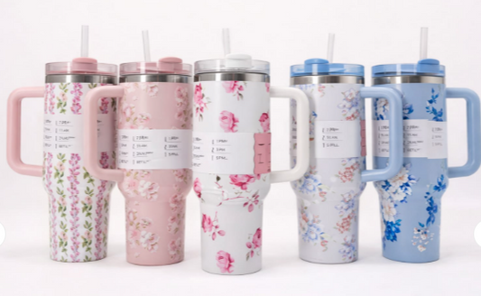 Floral Insulated Travel Tumbler Large – Double-Wall Vacuum Flask with Handle & Leak-Resistant Lid (Random Colour)