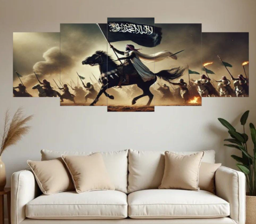 Islamic Warrior Canvas Wall Art – Set of 5 Panels (16×40 Inches) | Wooden Sticky Tile Frames