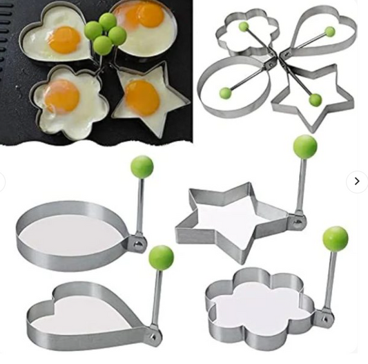 Pack of 4 Fried Egg & Pancake Shaper Moulds – Star, Heart, Round & Flower Shapes | Stainless Steel Kitchen Tool