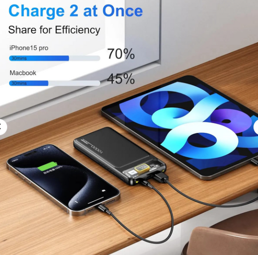 10000mAh Slim Power Bank – PD 22.5W Fast Charging, USB-C Output 5V/3A Portable Battery Pack with Emergency Light