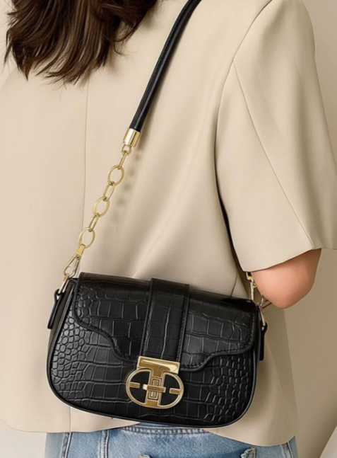 Structured Croc-Embossed Faux Leather Shoulder Bag with Gold-Tone Chain Accent