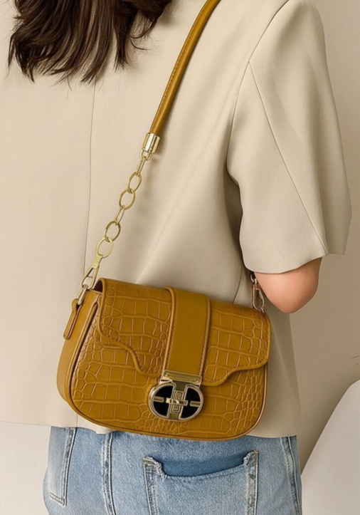 Structured Croc-Embossed Faux Leather Shoulder Bag with Gold-Tone Chain Accent
