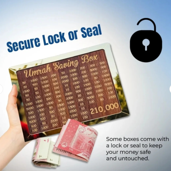 Wooden Umrah Saving Box – Premium Money Box with 210,000 Goal Tracker for Charity & Umrah Fund