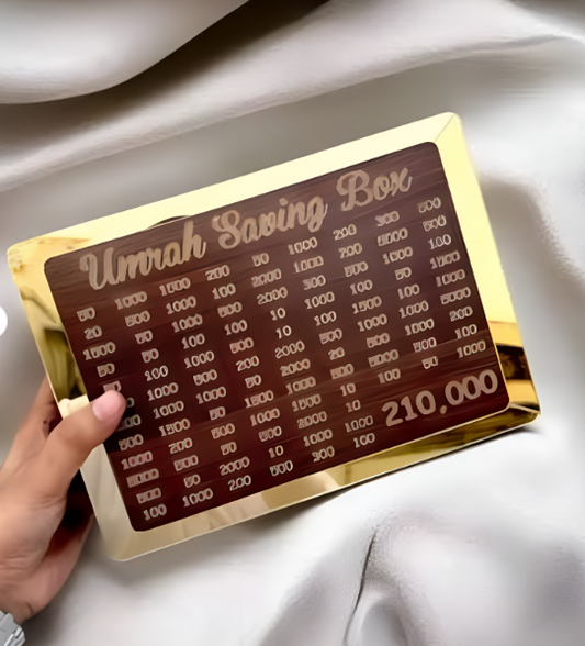 Wooden Umrah Saving Box – Premium Money Box with 210,000 Goal Tracker for Charity & Umrah Fund