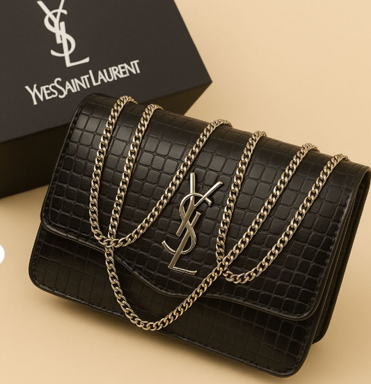 Premium YSL Croc-Embossed Vegan Leather Crossbody Bag with Gold-Tone Chain Strap – Black